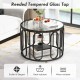 Round coffee table with reeded tempered glass top, black metal frame, and 2-tier storage for stylish living room.