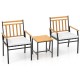 Two ergonomic chairs with white cushions and acacia wood accents, paired with a matching side table for outdoor.