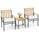 Two ergonomic chairs with white cushions and acacia wood armrests, paired with a matching table for outdoor relaxation.