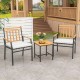 Outdoor furniture set featuring acacia wood chairs and table with white cushions, perfect for patio conversation.