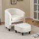 Modern upholstered barrel chair with ottoman in beige teddy velvet, perfect for living room or bedroom relaxation.