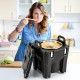 Portable 32 QT insulated food carrier in black with stainless steel barrel, ideal for catering and camping.