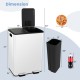 Dual compartment 8 gal trash can in white, featuring stainless steel, dimensions 19"x27"x39", ideal for waste sorting.