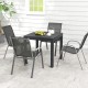 Outdoor dining table set featuring an extendable aluminum table and four stackable chairs, perfect for patios and.