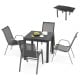 Outdoor dining table set featuring an extendable aluminum table and 4 stackable chairs, perfect for patios and.