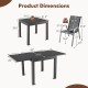 Dimensions of the extendable aluminum outdoor dining table and stackable chairs, suitable for 4 people.
