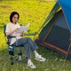 Portable foldable hunting chair in blue with 360° swivel seat, mesh cup holder, and side storage pockets for camping.