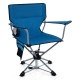 360° swivel blue hunting chair with a sturdy metal frame, mesh cup holder, and storage pockets for outdoor activities.