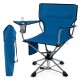 Portable blue 360° swivel hunting chair with mesh cup holder and storage pockets, ideal for camping and outdoor.