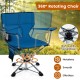 360° rotating hunting chair in blue with mesh cup holder, foldable design, and sturdy metal frame for outdoor.