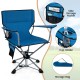 Portable blue 360° swivel hunting chair with mesh cup holder and side storage pockets, ideal for camping and outdoor.