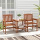 Two wooden chairs with a bistro table, featuring umbrella holes, perfect for outdoor patios and gardens.