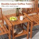 Double-layer coffee table with natural wood finish and storage space, ideal for outdoor patios and gardens.