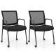 Set of two black office guest chairs on wheels with metal frame, ergonomic design, and breathable mesh backrest.