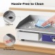 Countertop electric griddle with stainless steel body, drip hole, and removable oil storage box for easy cleaning.