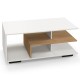 Rectangular coffee table with L-shaped middle shelf in white and wood, offering ample storage and a geometric design.
