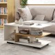 Rectangular coffee table with L-shaped middle shelf in white, featuring 3 tiers for storage and a geometric design.