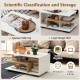Rectangular coffee table with L-shaped middle shelf in white, featuring spacious storage for books and decorations.