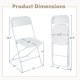Product dimensions of 4 pack metal folding chairs with white plastic seats, showcasing size details for easy storage.