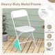 White folding chair with a heavy-duty metal frame, designed for stability and easy storage, suitable for various events.