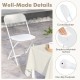 White metal folding chair with curved backrest, simple-to-maintain surface, and non-slip footpads for stability.
