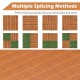 Interlocking deck tiles in brown, showcasing multiple splicing methods for easy installation on patios and decks.
