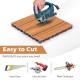 Interlocking deck tiles in brown being cut with a jigsaw, showcasing easy customization for outdoor spaces.
