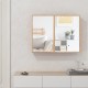 Double door bathroom wall cabinet with mirror, natural bamboo finish, and adjustable shelves for stylish storage.