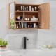 Double door bathroom wall cabinet in natural bamboo with adjustable shelves and mirrored doors for stylish storage.