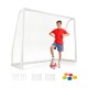 8 x 6 Ft weather-resistant soccer goal with ground stakes, featuring a child posing with a soccer ball and agility.