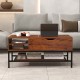 Lift top coffee table in rustic brown with hidden compartment and removable shelf, perfect for dining or working.
