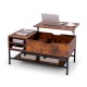 Lift top coffee table in rustic brown with hidden compartment and removable storage shelf, ideal for dining or working.