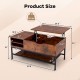 Lift top coffee table in rustic brown with hidden compartment and removable shelf, ideal for dining or working.