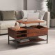 Rustic brown lift top coffee table with open compartments and adjustable foot pads, perfect for stylish organization.