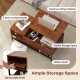Lift top coffee table in rustic brown with hidden compartment, removable shelf, and spacious tabletop for versatile use.