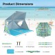 Portable UPF50+ beach umbrella tent in blue, measuring 7.6 x 7 ft, with pop-up design and carrying bag for easy.