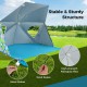 Beach umbrella tent with UPF50+ sun protection, featuring fiberglass ribs, metal stakes, and zippered mesh windows for.