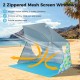 Blue UPF50+ beach umbrella tent with 2 zippered mesh windows for airflow and stability, ideal for outdoor activities.