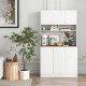 71-inch tall white pantry cabinet with wood-textured countertop, adjustable shelves, and AC outlets for dining room.