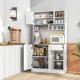 Tall white pantry cabinet with adjustable shelves, outlets, and a pull-out drawer for organized dining room storage.