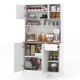 Tall white pantry cabinet featuring adjustable shelves, a wood-textured countertop, and multiple storage compartments.