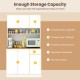 71-inch tall white pantry cabinet featuring double and single-door cabinets, open compartments, and a pull-out drawer.