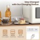 White pantry cabinet with wood-textured countertop, 2 AC outlets, 2 USB ports, and adjustable shelves for versatile.