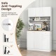 71-inch tall white pantry cabinet with wood-textured countertop, adjustable shelves, and anti-tipping design for safety.