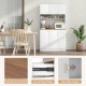71-inch tall white pantry cabinet featuring wood-textured countertop, adjustable shelves, and built-in outlets for.