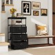 Dresser with 3 fabric drawers and wood top, featuring a metal frame, ideal for living rooms or offices.