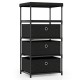 Fabric storage tower with three removable drawers, metal frame, and wood top, ideal for living rooms and offices.