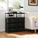 Side view of a fabric storage tower with 3/4 drawers, featuring a wood top and metal frame, great for organizing any.