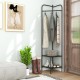 Black corner coat rack featuring a top hanger and two mesh shelves, perfect for entryways and living rooms.