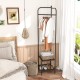 Black corner coat rack with top hanger and two mesh shelves, perfect for entryway or bedroom storage.